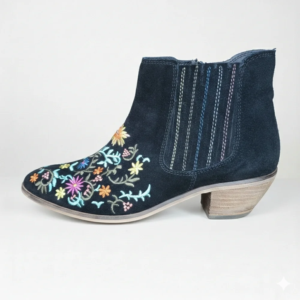 Diba Size 8.5 Booties Embroidered Black Suede Leather Rainbow Floral Western